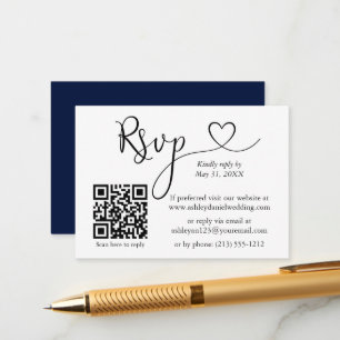 Carte D'accompagnement Calligraphie Mariage cardiaque QR Blue RSVP