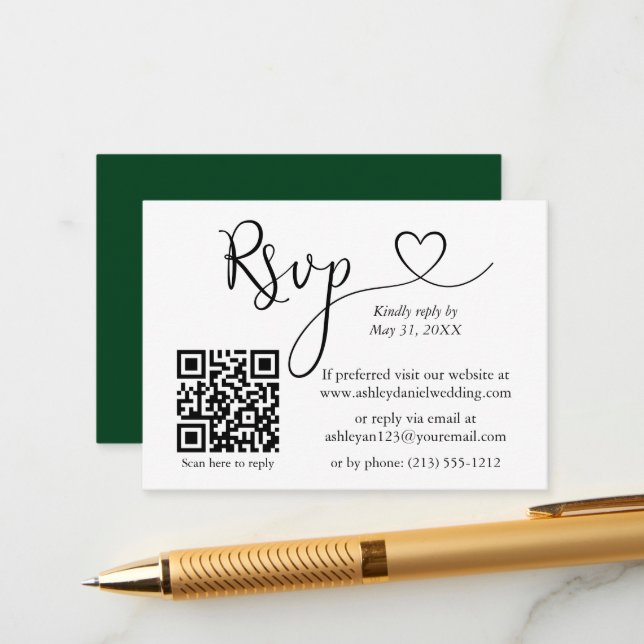 Carte D'accompagnement Calligraphie Mariage cardiaque QR Green RSVP (Devant/Arrière en situation)
