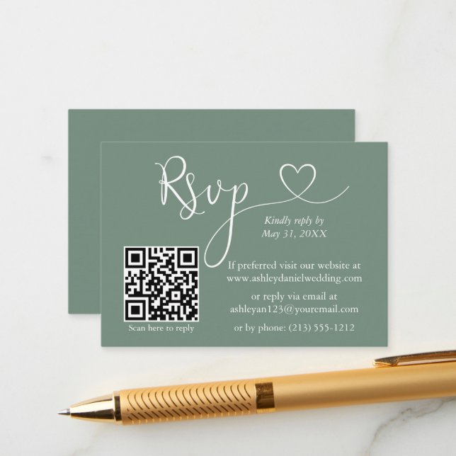 Carte D'accompagnement Calligraphie Mariage cardiaque QR RSVP Sage Green (Devant/Arrière en situation)