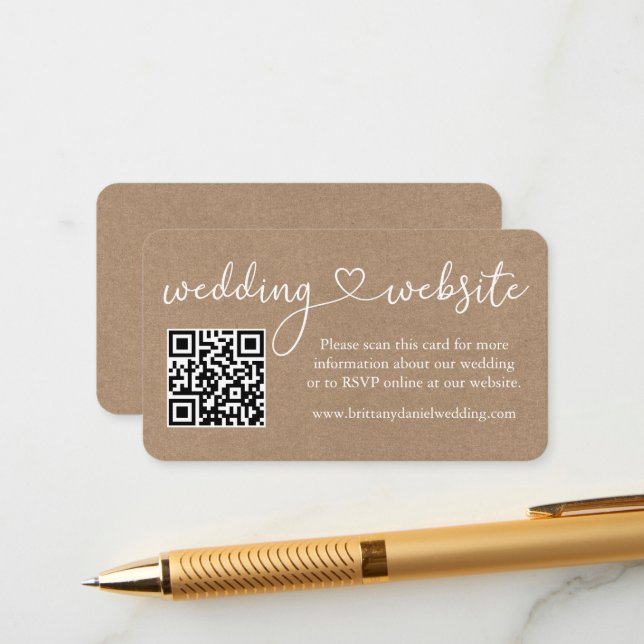 Carte D'accompagnement Calligraphie Mariage cardiaque Site Web QR Kraft (Devant/Arrière en situation)