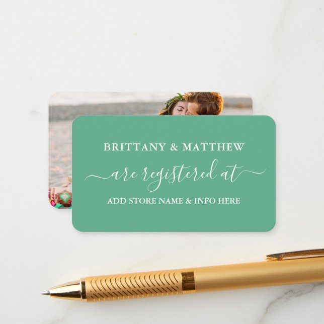 Carte D'accompagnement Calligraphie Mariage Registre Photo Mint Green (Devant/Arrière en situation)