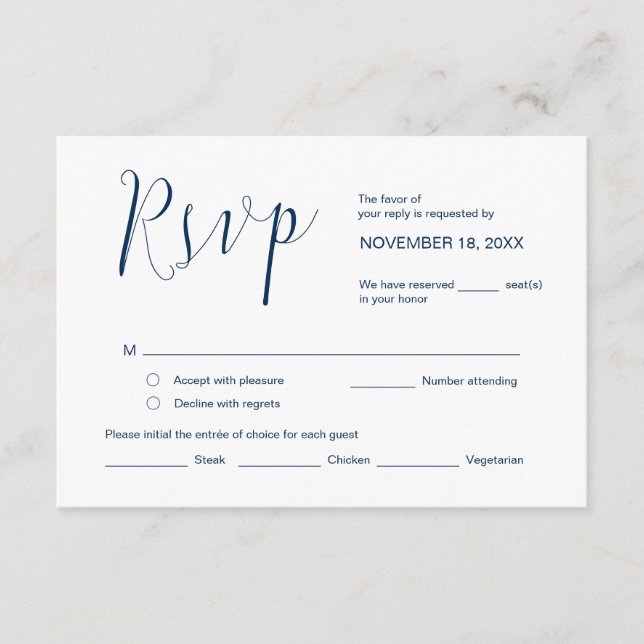 Carte D'accompagnement Calligraphie mariage, Simple Navy Blue Script, RSV (Devant)