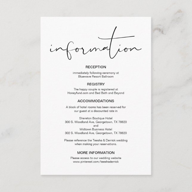 Carte D'accompagnement Calligraphie moderne, Détails du Mariage, Informat (Devant)