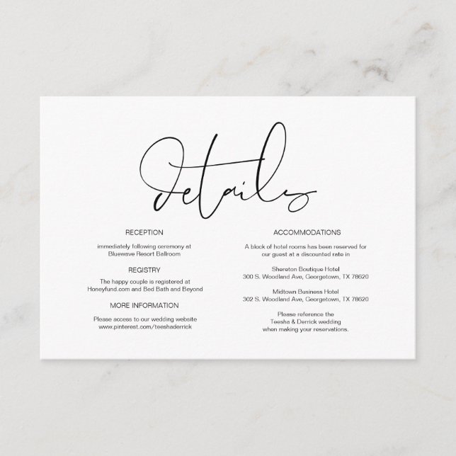 Carte D'accompagnement Calligraphie moderne, Détails du Mariage, Informat (Devant)