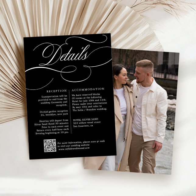 Carte D'accompagnement Calligraphie moderne intemporelle noir & blanc mar (Modern calligraphy timeless black and white photo QR code wedding details enclosure card)
