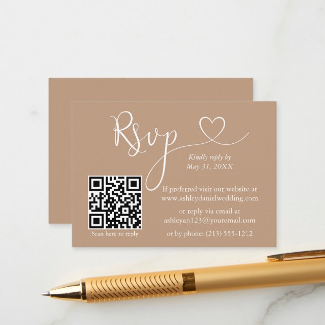 Carte D'accompagnement Calligraphie moderne Mariage cardiaque QR RSVP Tau (Devant/Arrière en situation)