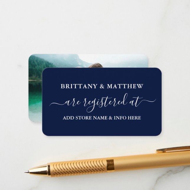 Carte D'accompagnement Calligraphie moderne Mariage Registre Photo Bleu (Devant/Arrière en situation)