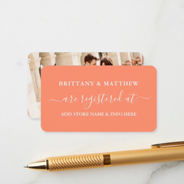 Carte D'accompagnement Calligraphie moderne Mariage Registre photo Coral (Devant/Arrière en situation)