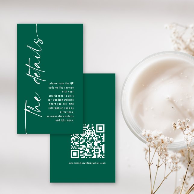 Carte D'accompagnement Calligraphie moderne QR Code Emerald Détails du Ma (Frotn and back view)