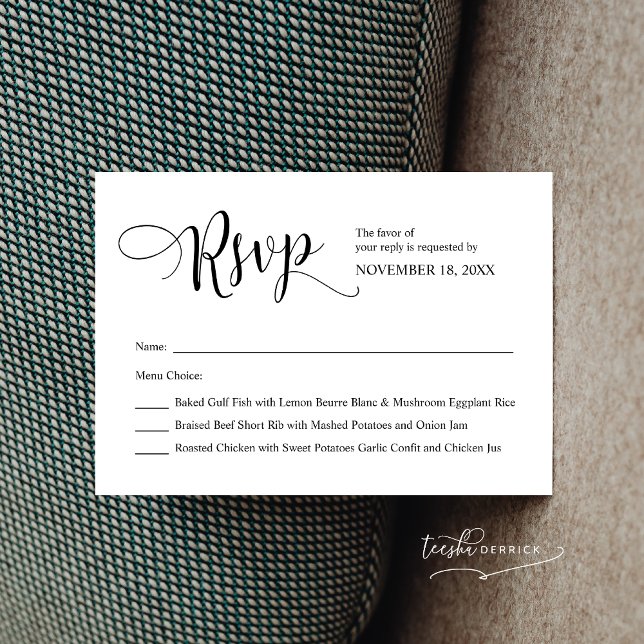 Carte D'accompagnement Calligraphie noire moderne, Mariage RSVP (Modern Black Calligraphy ,Wedding RSVP Enclosure Card, with Party Meals Options and Selections)