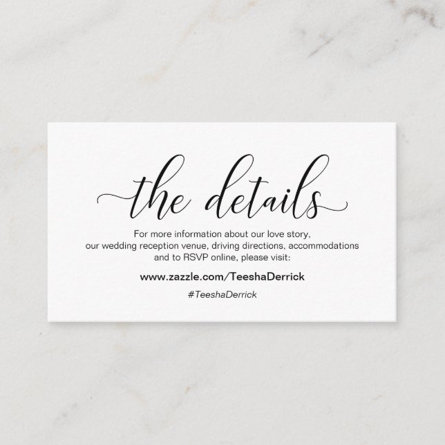 Carte D'accompagnement Calligraphie noire moderne, Nos détails, site (Devant)