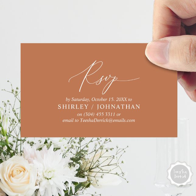 Carte D'accompagnement Calligraphie Noire Simple Moderne, Mariage RSVP (Wedding Dinner Invitation RSVP Enclosed Card, Online, Email, Modern Romantic, in Copper Rust Brown)