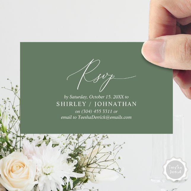 Carte D'accompagnement Calligraphie Noire Simple Moderne, Mariage RSVP (Wedding Dinner Invitation RSVP Enclosed Card, Online, Email, Modern Romantic, in Forest Sage Green)