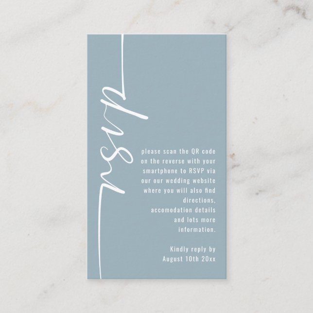 Carte D'accompagnement Calligraphie QR Code Dusty Blue Wedding RSVP (Devant)
