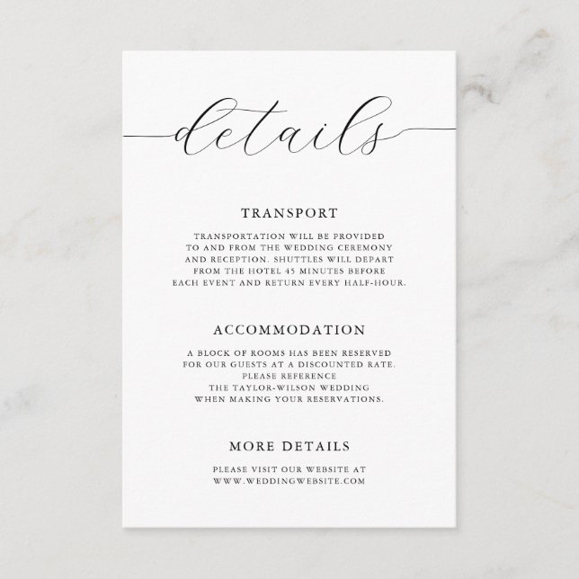 Carte D'accompagnement Calligraphie romantique moderne Détails du Mariage (Devant)