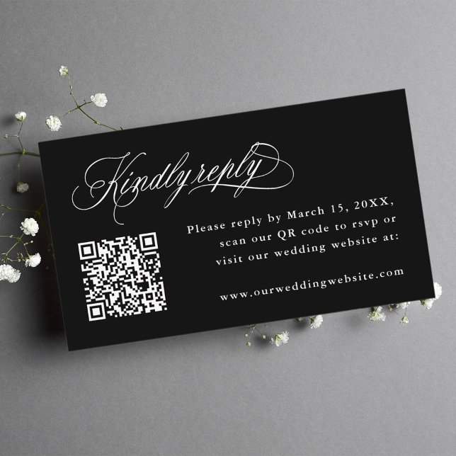 Carte D'accompagnement Calligraphie romantique noire Mariage QR Code RSVP (Créateur téléchargé)