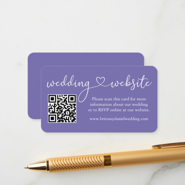 Carte D'accompagnement Calligraphy Heart Mariage Website QR Periwinkle (Devant/Arrière en situation)