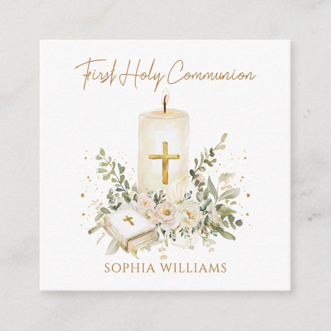 Carte D'accompagnement Candle Cross Bible Greenery First Holy Communion  (Devant)