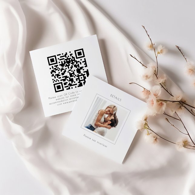 Carte D'accompagnement Carré moderne Photo Mariage QR Code Détails (Front and back view)