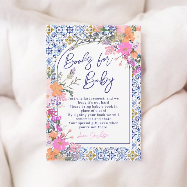 Carte D'accompagnement Carreaux bleu italien livres floraux pour baby sho (Italian blue tiles floral books for baby shower enclosure card)