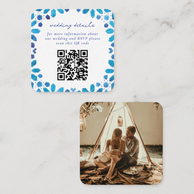 Carte D'accompagnement Carreaux bleu marocain QR Code Mariage (Devant / Derrière)
