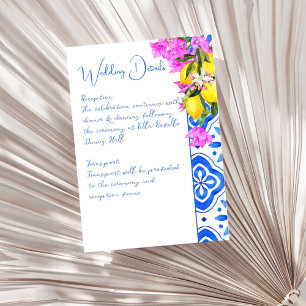 Carte D'accompagnement Carreaux bleus Bougainvillea citrons mariage éléga