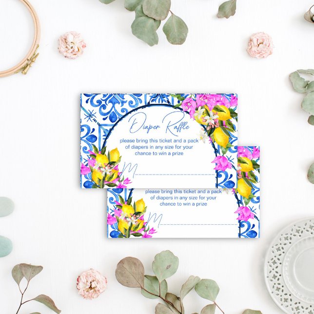 Carte D'accompagnement Carreaux bleus Citrons Bougainvilliers tombole de  (Blue Tiles Lemons Bougainvillea diaper raffle Enclosure Card Mediterranean baby shower raffle card)