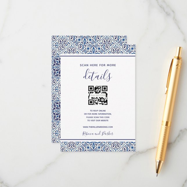 Carte D'accompagnement Carreaux bleus Détails du mariage Code QR insérer  (Devant/Arrière en situation)