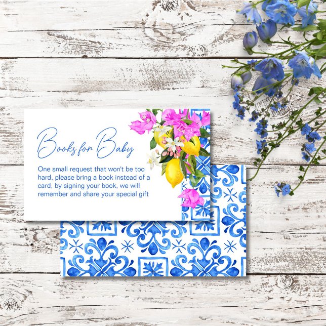 Carte D'accompagnement Carreaux bleus Lemons Bougainvillea demande de rés (Blue Tiles Lemons Bougainvillea Italian Mediterranean baby shower book request Enclosure Card)