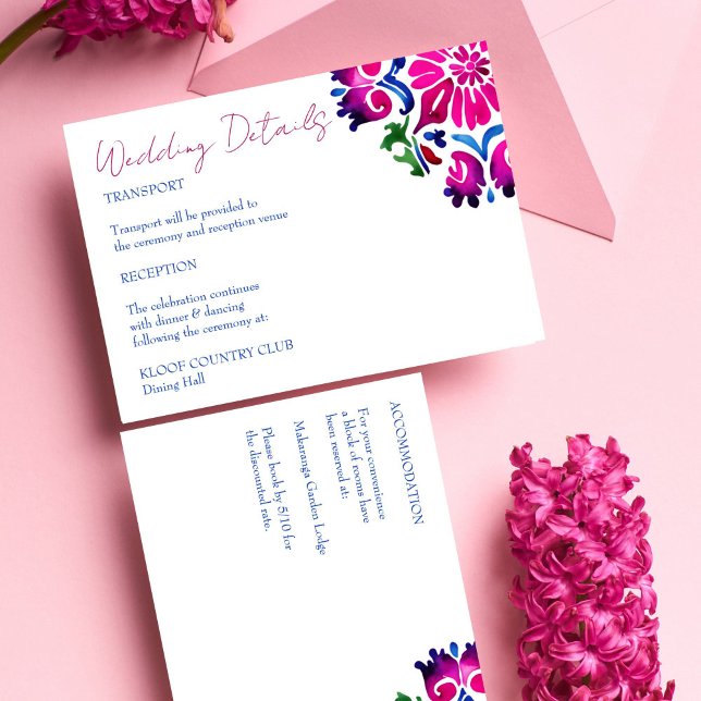 Carte D'accompagnement Carreaux de faïence mexicaine bleu rose Détails du (Pink blue Mexican Talavera tiles Spanish wedding details Enclosure Card)