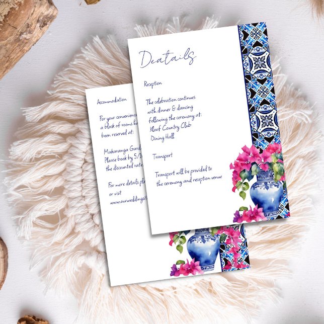 Carte D'accompagnement Carrelage bleu Bougainvillea détails mariage (Blue French Tiles Bougainvillea Mediterranean wedding details Enclosure Card vintage ornaments vase)