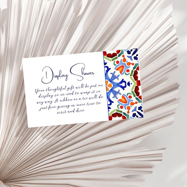 Carte D'accompagnement Carrelage bleu mexicain coloré avec douche nuptial (Blue Mexican Portuguese colorful tiles folk ornament display bridal shower Enclosure Card)