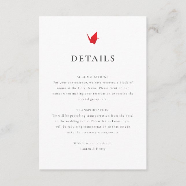 Carte D'accompagnement Carton de mariage Grues en origami (Devant)