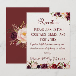 Carte D'accompagnement Carton de Réception Floral Bourgogne pour Mariage