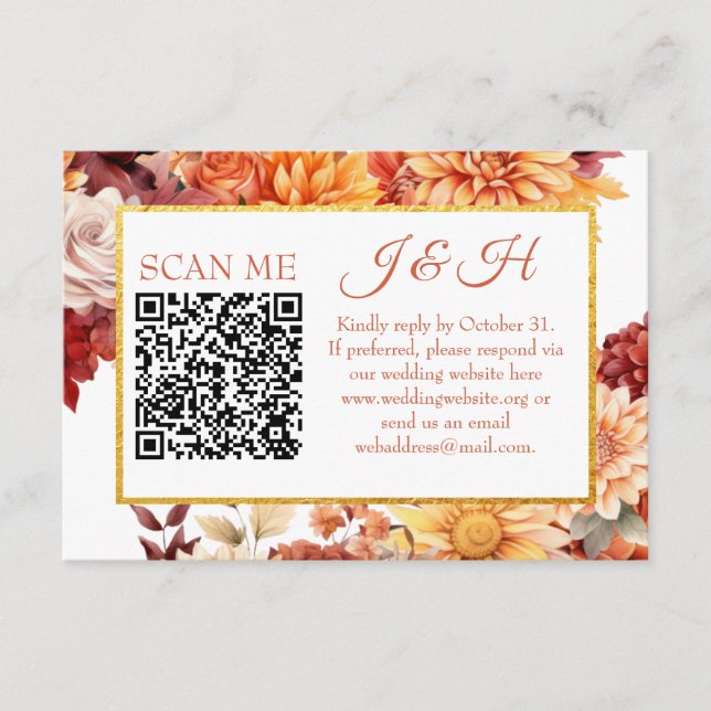 Carte D'accompagnement Carton de réponse QR Code Floral Automnal pour mar (Devant)