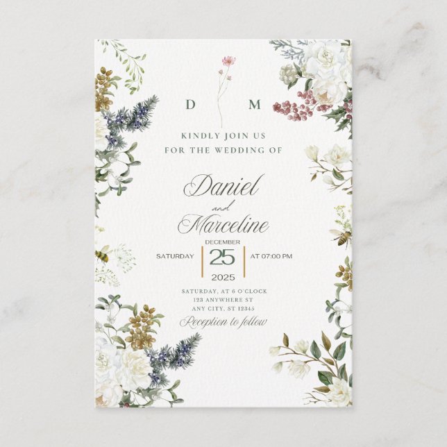 Carte D'accompagnement Carton d'invitation de mariage aux fleurs blanches (Devant)