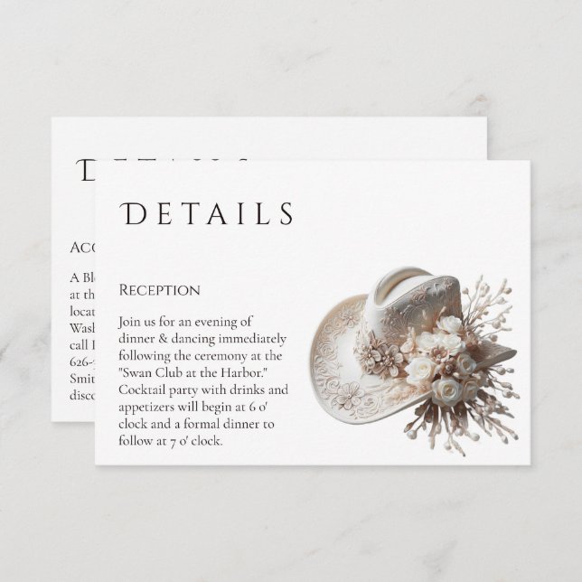 Carte D'accompagnement Casquette blanc Cowgirl avec Fleurs Détails du Mar (Devant / Derrière)