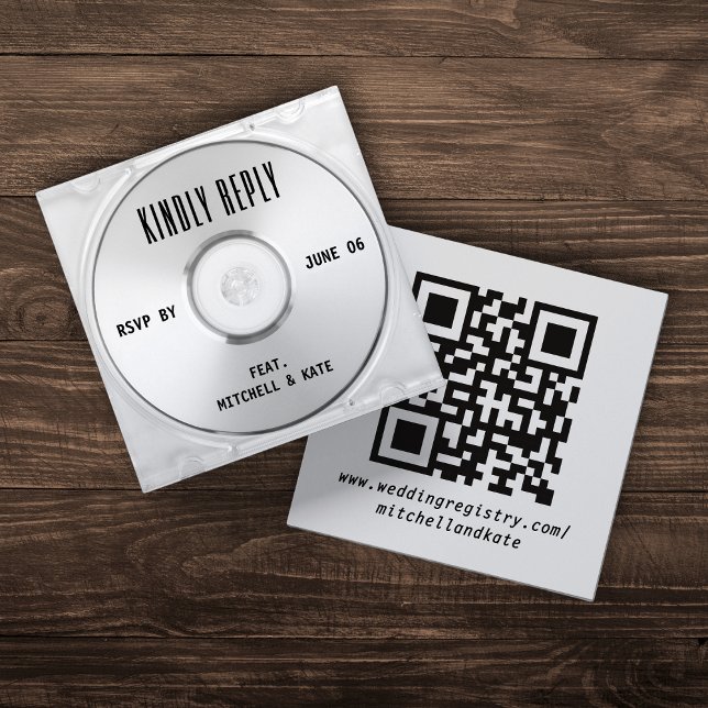 Carte D'accompagnement CD de musique Coque de couverture d'album Mariage  (Music CD Case Album Cover Wedding QR Code RSVP Enclosure Card
)