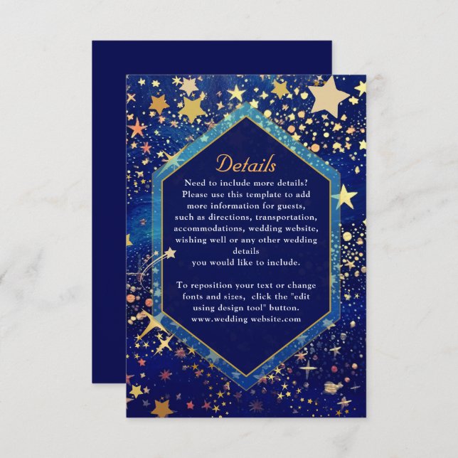 Carte D'accompagnement Céleste étoile nuit bleu détails mariage (Devant / Derrière)