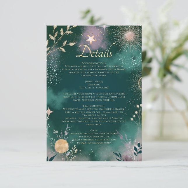 Carte D'accompagnement Céleste Lune Magique & Étoiles Détails Émeraude (Debout devant)