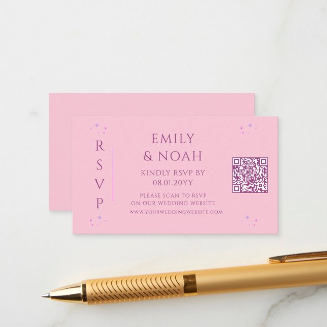 Carte D'accompagnement Céleste rose violet budget QR Code RSVP Mariage (Devant/Arrière en situation)