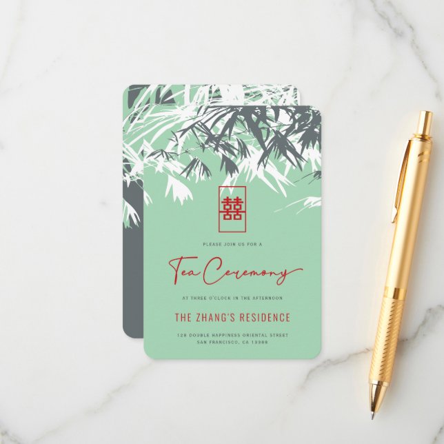 Carte D'accompagnement Cérémonie de thé chinois Feuille à la menthe verte (Devant/Arrière en situation)