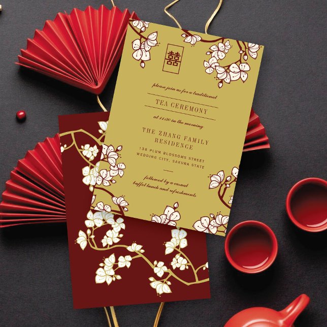 Carte D'accompagnement Cérémonie de thé chinois Xi double de fleurs de pr (Peach/Plum Blossoms Double Happiness Chinese Tea Ceremony Enclosure Card @ fatfatin_red_knot)