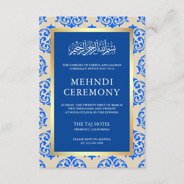 Carte D'accompagnement Cérémonie Faux Gold Foil Blue Damask Islamic Mehnd (Devant)