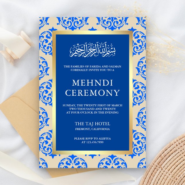 Carte D'accompagnement Cérémonie Faux Gold Foil Blue Damask Islamic Mehnd (Créateur téléchargé)