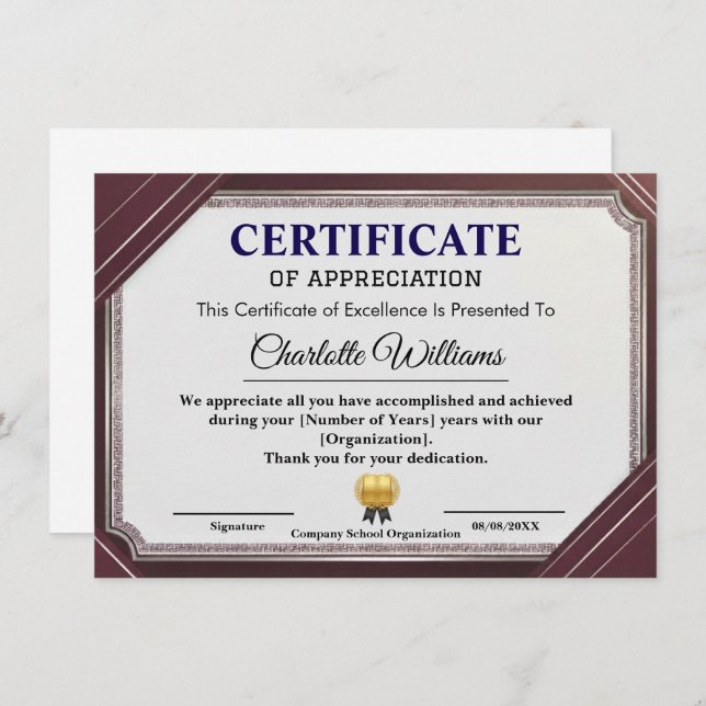 Carte D'accompagnement Certificate of Appreciation Professional Elegant (Devant / Derrière)