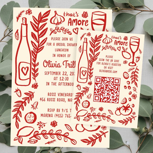 Carte D'accompagnement C'est l'Amore Nourriture Italienne Mariage CUSTOM  (That's Amore Italian Food Hand-drawn Doodle CUSTOM Bridal Shower Invitation QR Code Enclosure Card
)