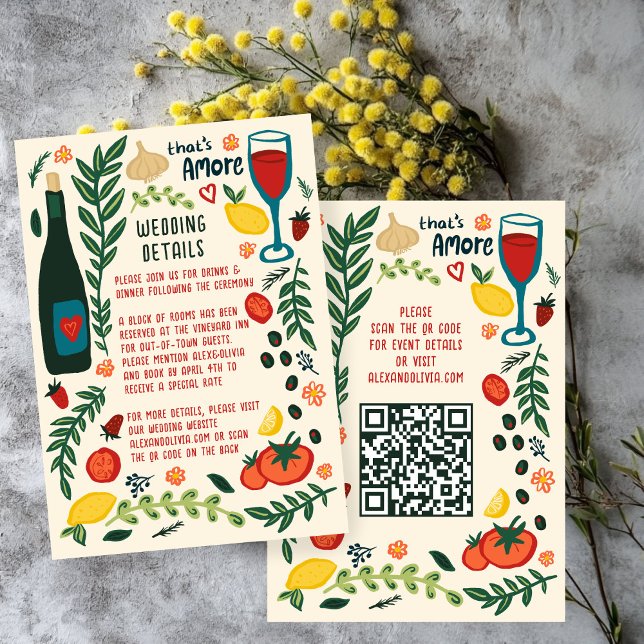Carte D'accompagnement C'est l'amour Détails de code QR pour la nourritur (That's Amore Italian Food Wedding QR code Details Enclosure Card
)