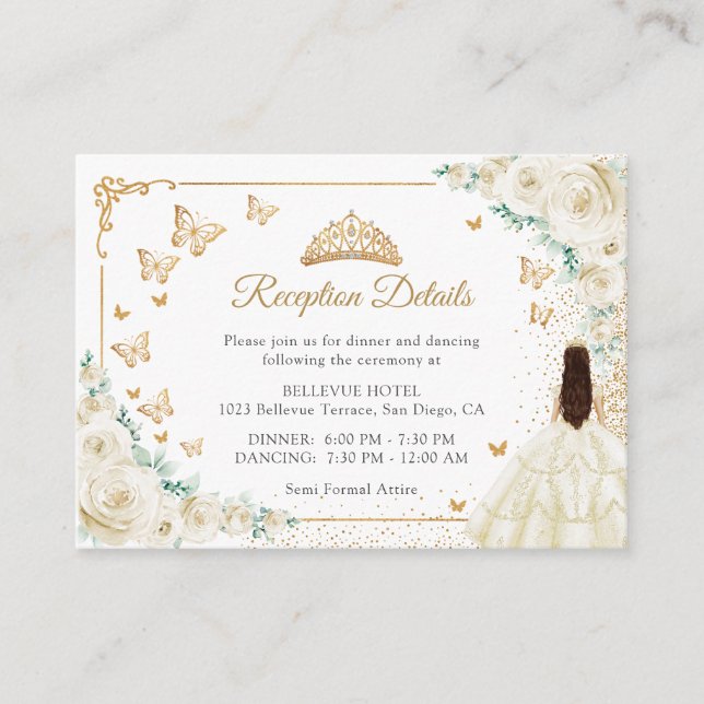 Carte D'accompagnement Champagne Ivory Gold Quinceanera Reception Details (Devant)