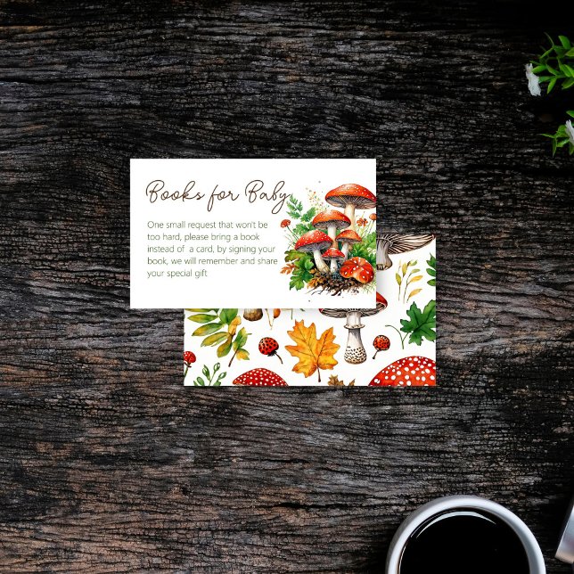Carte D'accompagnement Champignons de la forêt sauvage Demande de baby sh (Wild forest red mushrooms green fern baby shower book request enclosure card books for baby)